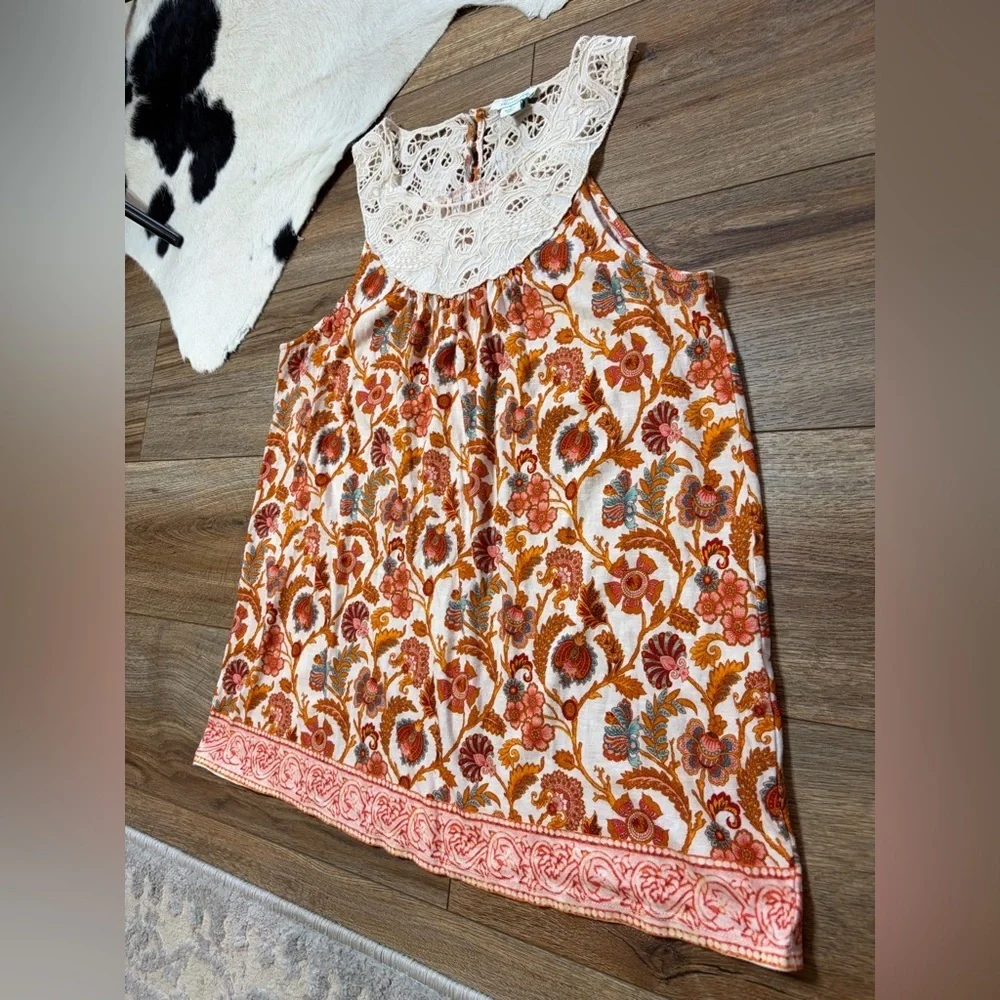 Sundance Catalog Orange Paisley Lace Yoke Sleeveless croquette boho Top